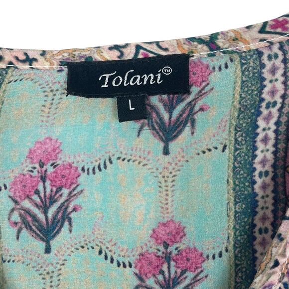 Tolani 100% Silk Printed Tunic Top Roll Tab Sleeves Beach Resort Vacation Large - Picture 13 of 14